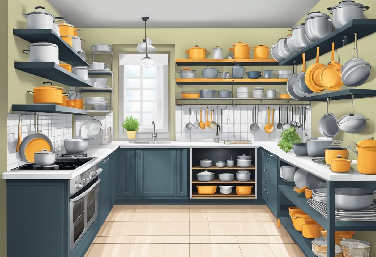 A modern kitchen with a variety of non-toxic cookware, including ceramic, stainless steel, and cast iron pots and pans neatly organized on open shelves and hanging racks