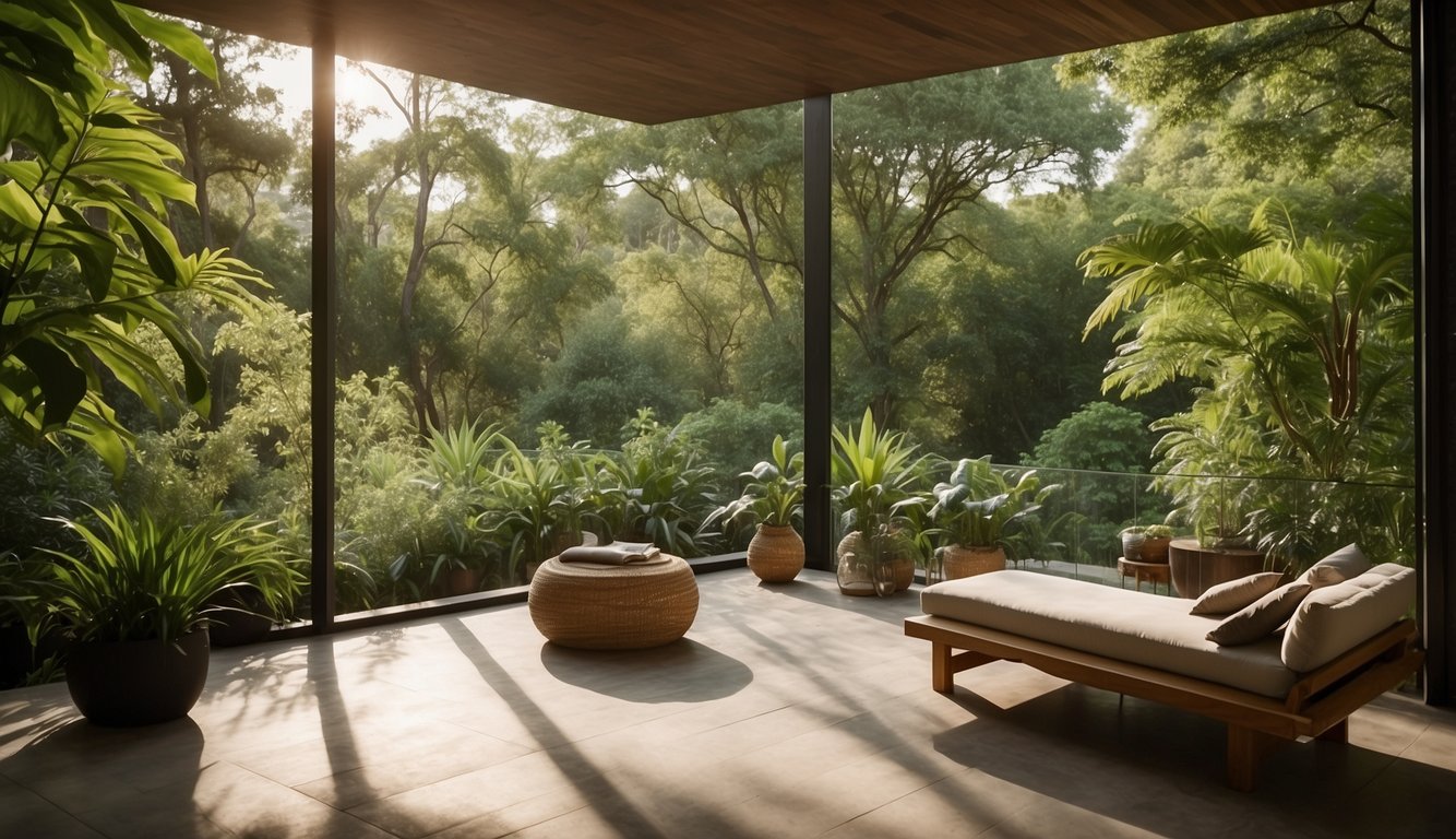 Lush greenery surrounds a serene wellness retreat, where body and spirit find harmony in nature's embrace. Holistic rejuvenation awaits in tranquil settings