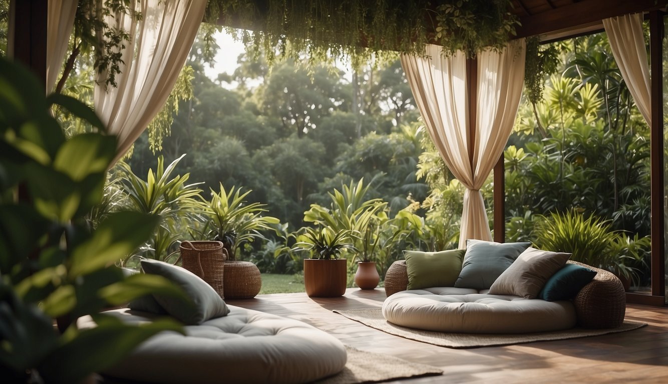 Lush greenery surrounds a serene wellness retreat, with yoga mats and meditation cushions arranged under a peaceful canopy