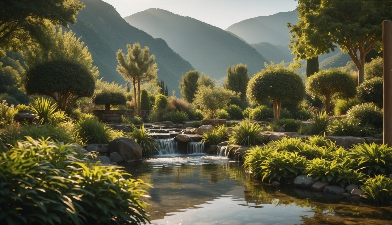 A serene landscape with lush greenery and calming water features, surrounded by mountains and bathed in soft, warm sunlight
