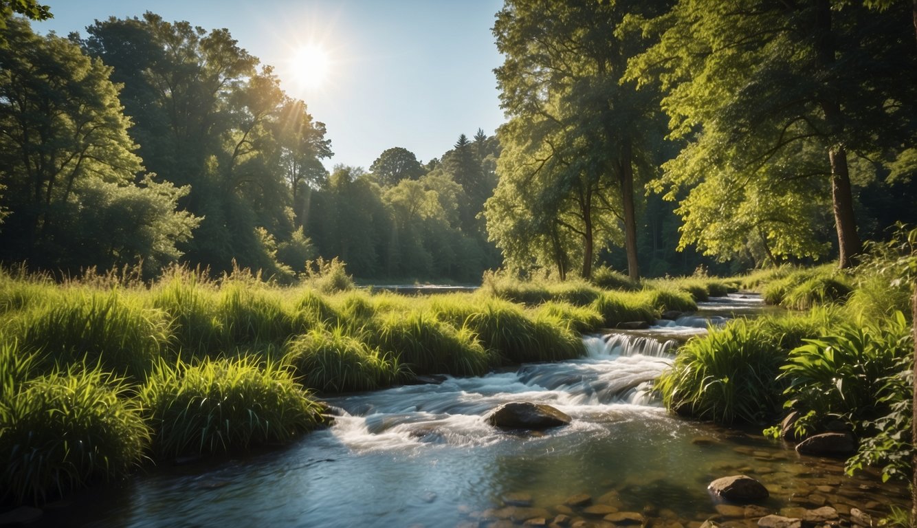 A serene landscape with flowing water, lush greenery, and gentle sunlight, evoking a sense of peace and balance