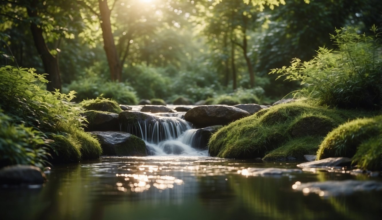A serene landscape with flowing water, lush greenery, and gentle sunlight, evoking a sense of peace and balance