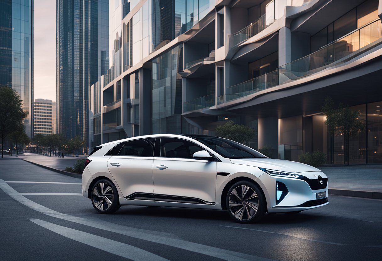 A sleek Ioniq 5 with angular lines and neon accents sits in a futuristic cityscape, surrounded by retro-futuristic architecture and flying cars