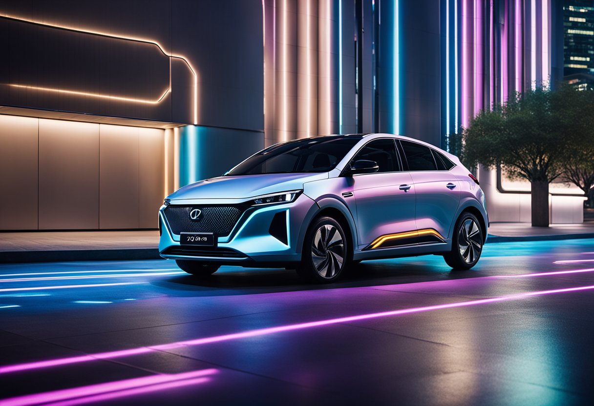 A sleek Ioniq 5 with angular lines and neon accents sits in a futuristic cityscape. The car's metallic finish reflects the neon lights, evoking a retro-futuristic vibe inspired by 80s automotive design