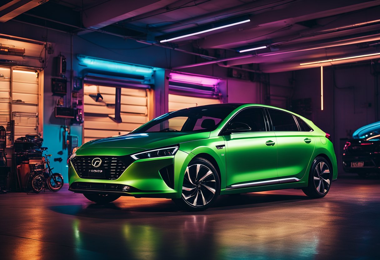 The Ioniq 5 sits in a neon-lit garage, surrounded by vintage car parts and 80s memorabilia. The car's sleek, retro-futuristic design is highlighted by bold, neon accents and chrome details