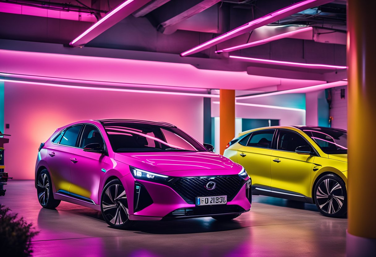 The Ioniq 5 sits in a neon-lit garage, surrounded by retro 80s automotive design elements. Bright colors and angular shapes adorn the vehicle, giving it a futuristic yet nostalgic makeover