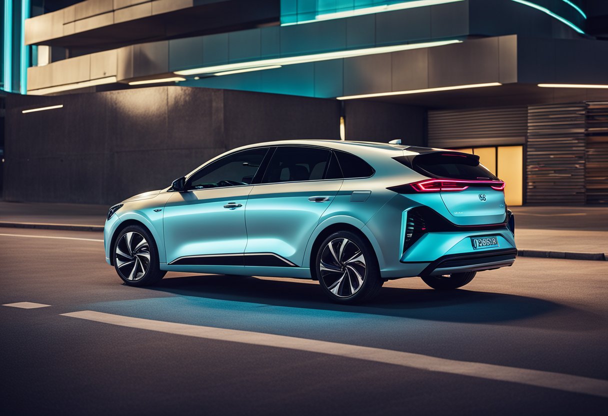 A sleek Ioniq 5 with neon accents and angular lines. Retro-futuristic mods blend with modern tech, evoking 80s automotive design