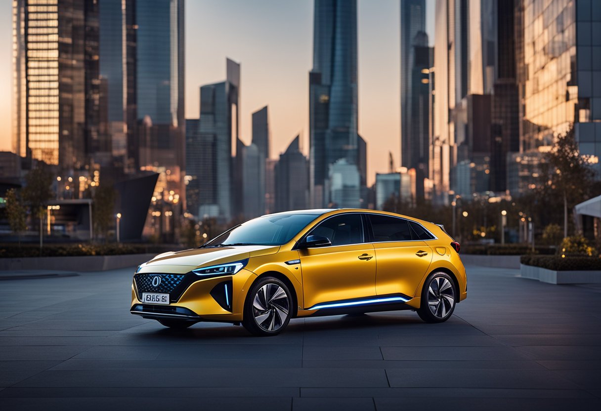 A sleek Ioniq 5 with neon accents and angular lines, surrounded by futuristic cityscape and glowing signs