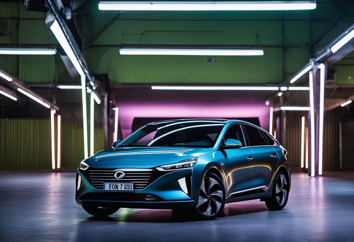 A sleek Ioniq 5 with retro-futuristic mods sits in a neon-lit garage. The car's angular lines and metallic finish reflect the glow of the surrounding lights, evoking the 80s automotive design inspiration