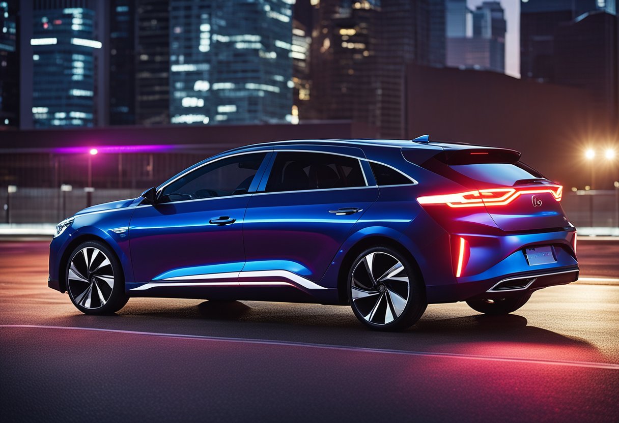 A sleek Ioniq 5 with neon lights, angular lines, and metallic finishes. Futuristic 80s-inspired mods transform the car into a retro-futuristic masterpiece