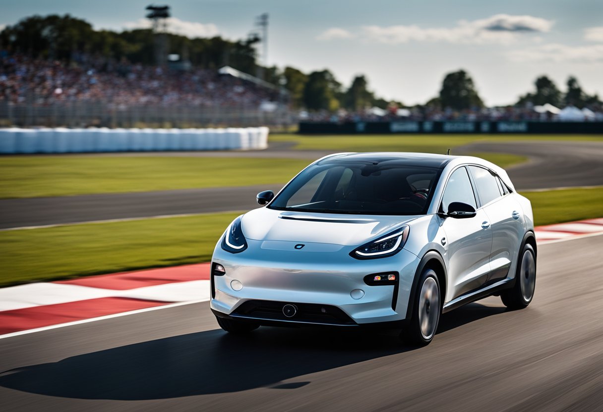 The Niro EV accelerates down the drag strip, leaving a trail of electric energy behind. The sleek, futuristic design of the car stands out against the backdrop of the racing event