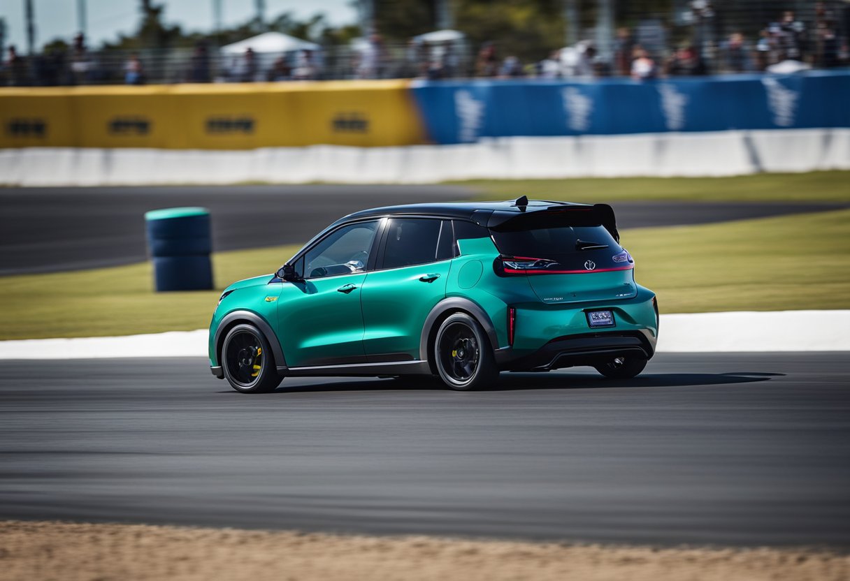 The Niro EV zooms down the electric drag racing track, smoke billowing from its tires as it accelerates towards the finish line