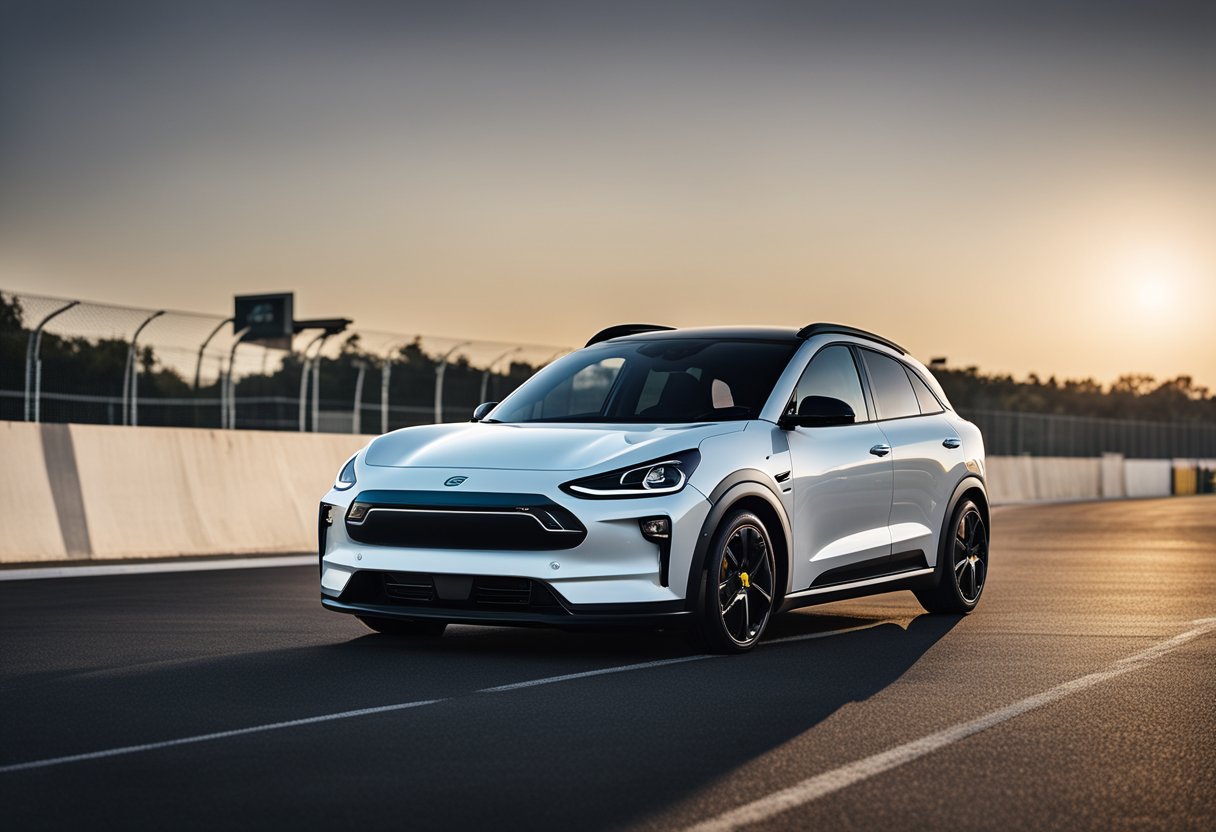 The Niro EV sits at the starting line, sleek and powerful. The electric drag racing track stretches out ahead, with the Niro poised to carve its niche in the future of racing