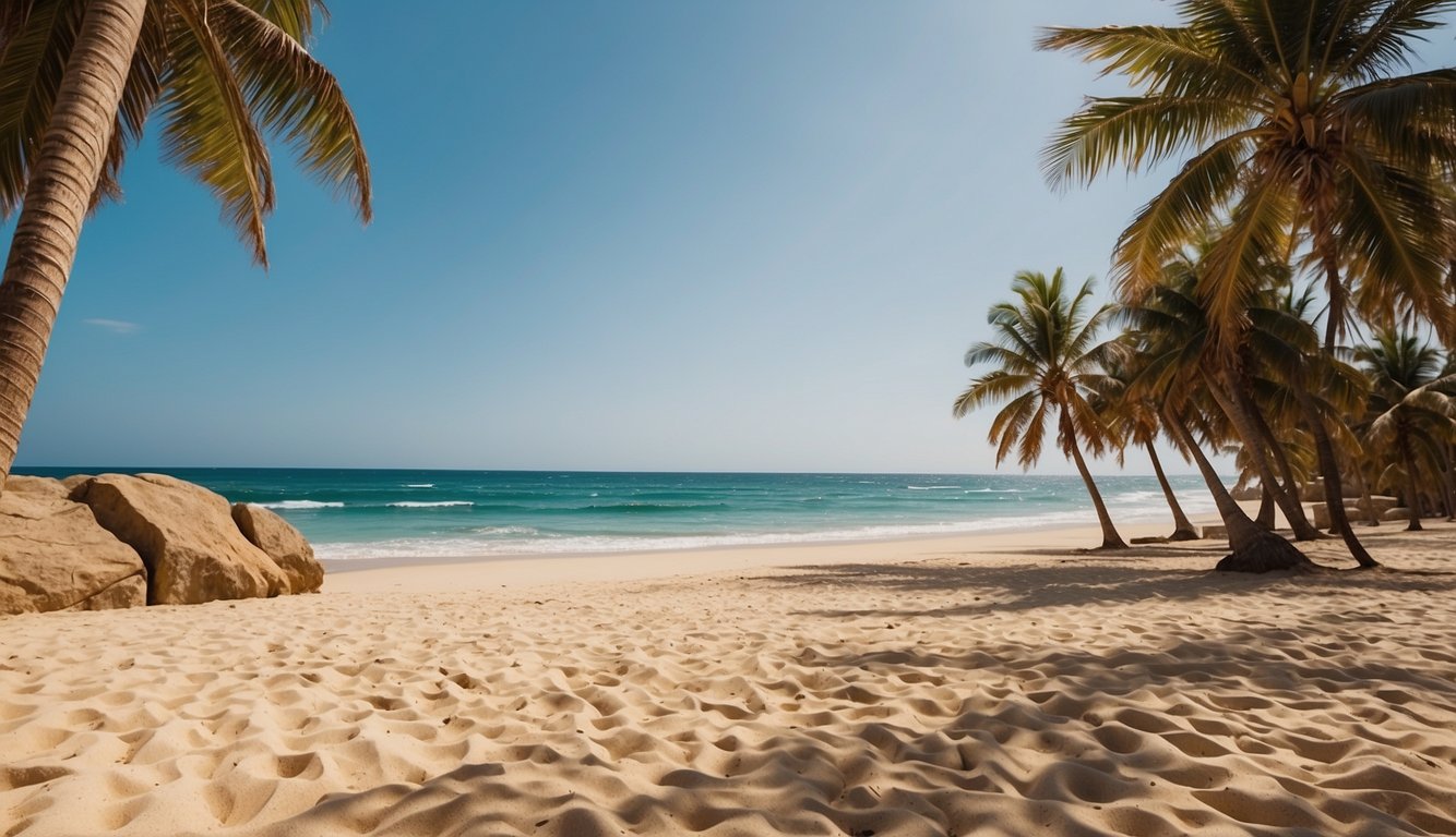 A picturesque beach with clear blue waters, golden sandy shores, and palm trees lining the coastline, offering a perfect paradise for surfers, sun lovers, and families in Angola