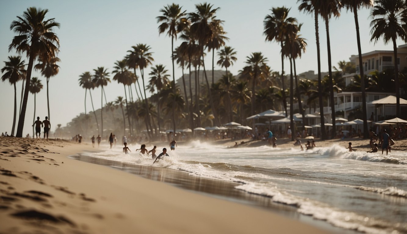 Sandy beaches with crashing waves, surfers catching waves, families playing in the sun, and palm trees lining the shore