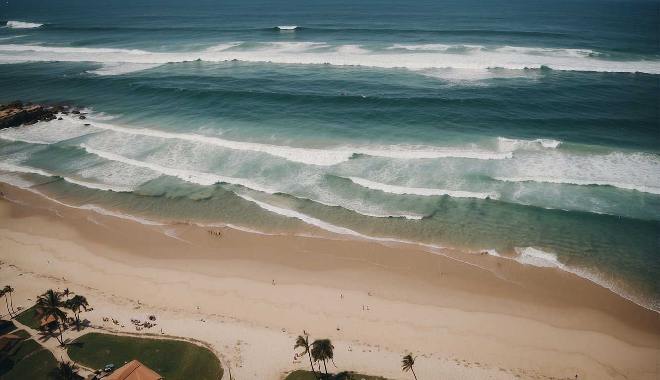 Aerial view of Angola's pristine beaches with surfers catching waves, sunbathers lounging, and families enjoying the coastal paradise