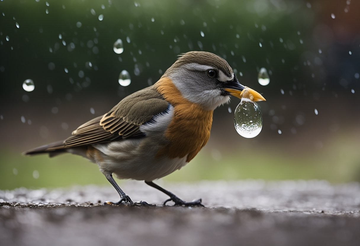 Birds in close proximity, one visibly ill, with droplets spreading from its beak. Other birds nearby appear to be pecking at the ground