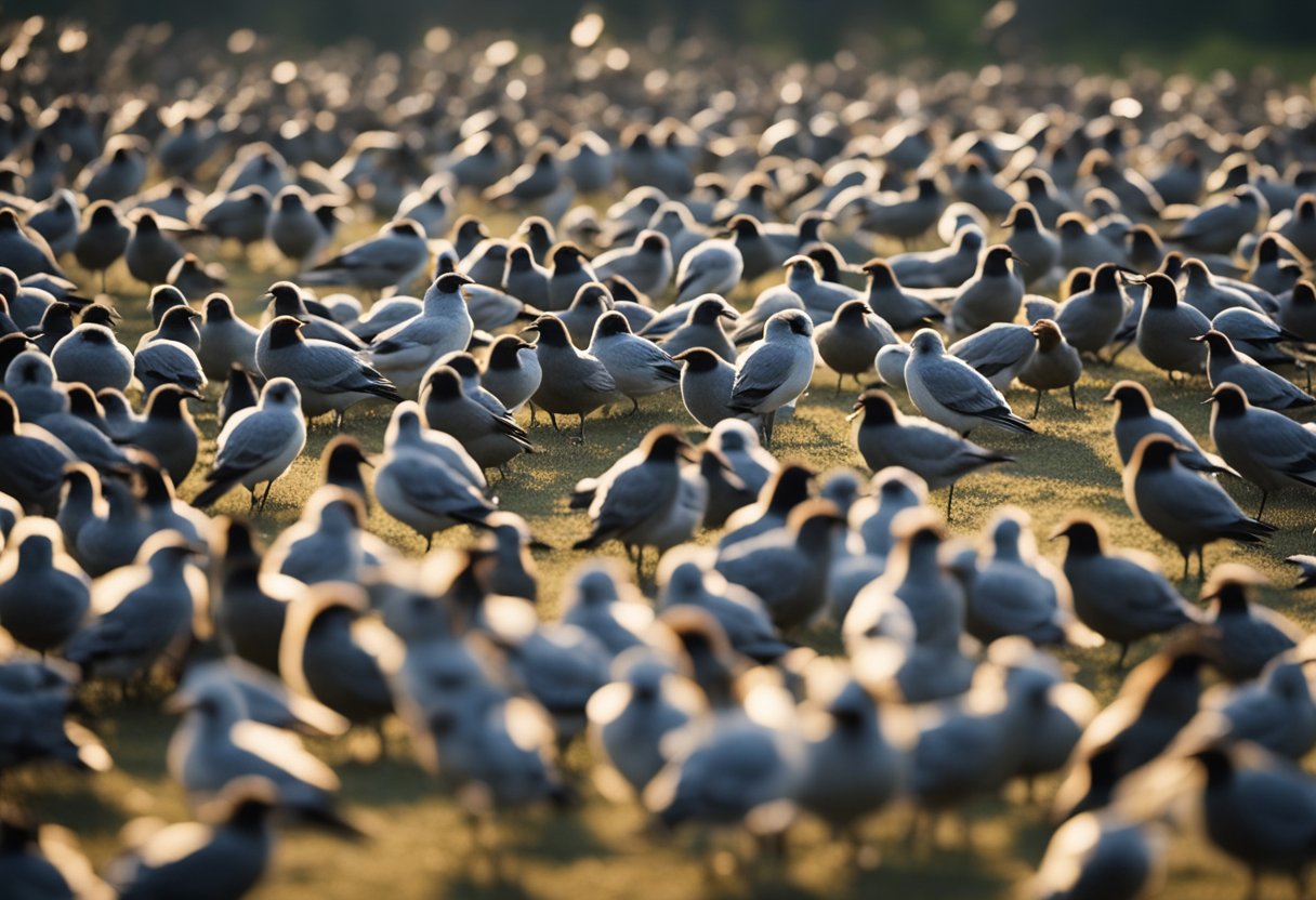 Birds flocking together, some showing signs of illness, others lying lifeless on the ground. A sense of fear and unease in the air as the avian influenza virus takes its toll on the avian species