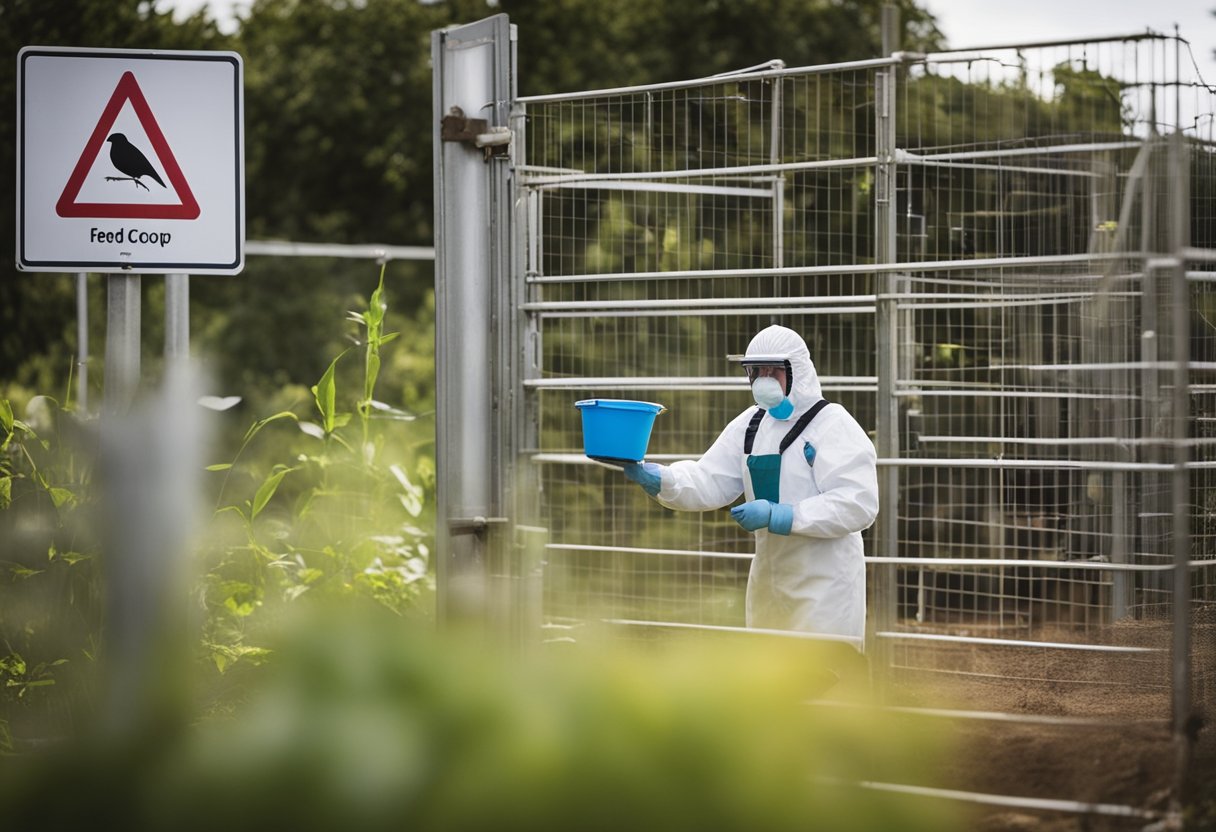 Birds in a clean, well-ventilated coop with feed and water. A biosecurity sign on the gate. A person in protective gear conducting health checks