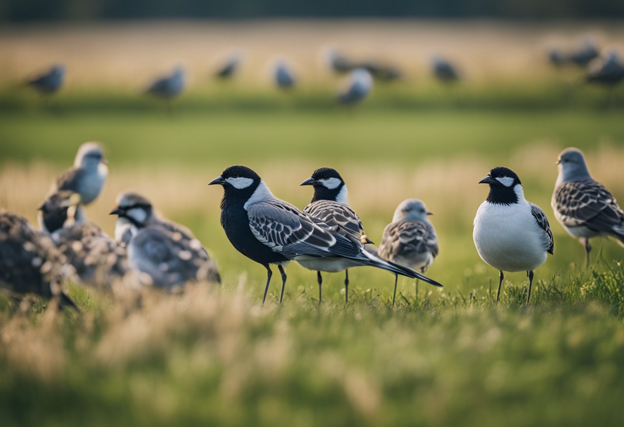 A flock of birds huddled together, some showing signs of illness, while others appeared healthy. The surrounding environment is a rural setting with open fields and trees