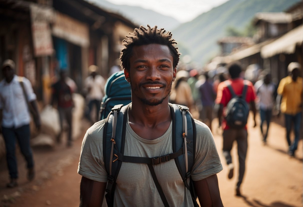 A backpacker in Angola, navigating through bustling markets and scenic landscapes, while prioritizing safety and health during their budget-friendly and independent journey