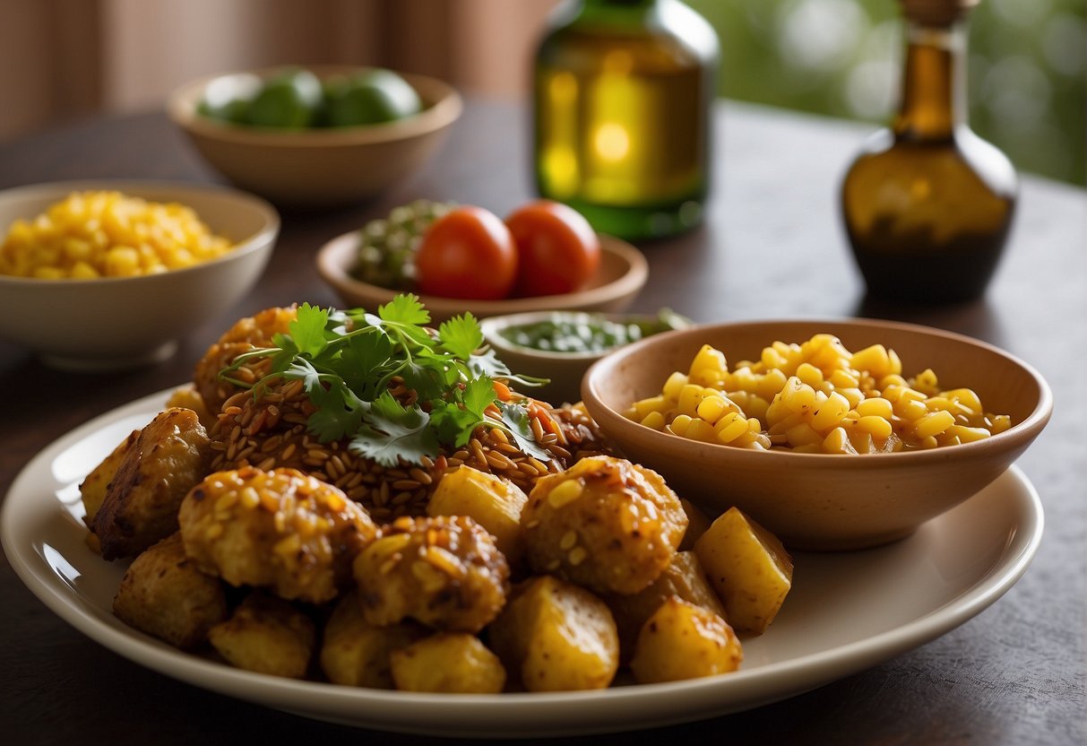 A table set with traditional Angolan main dishes and a bottle of vibrant dende oil, showcasing the golden secret of Angolan cuisine