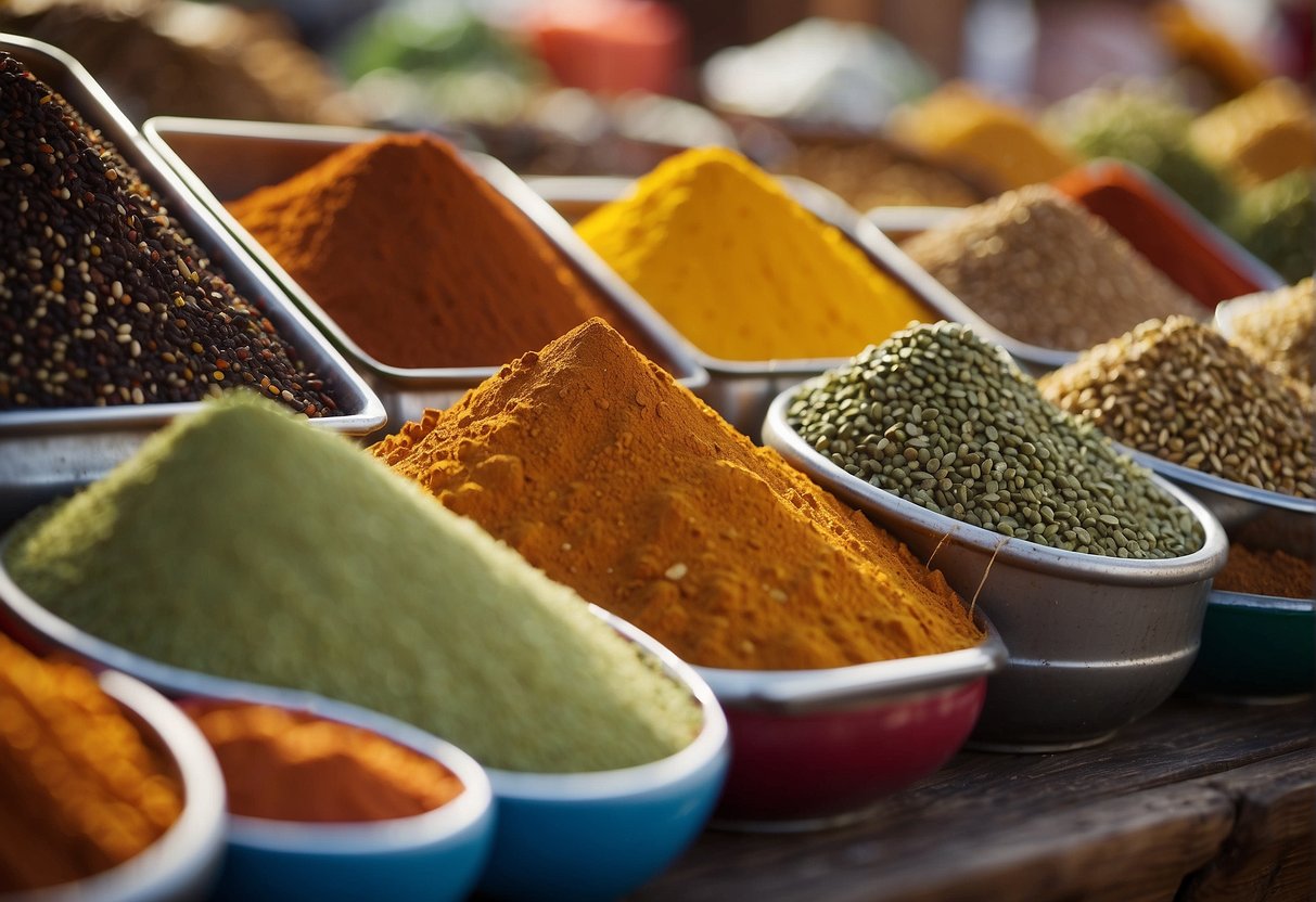 A vibrant market stall displays colorful spices and exotic ingredients, evoking the unique flavors of Angolan cuisine