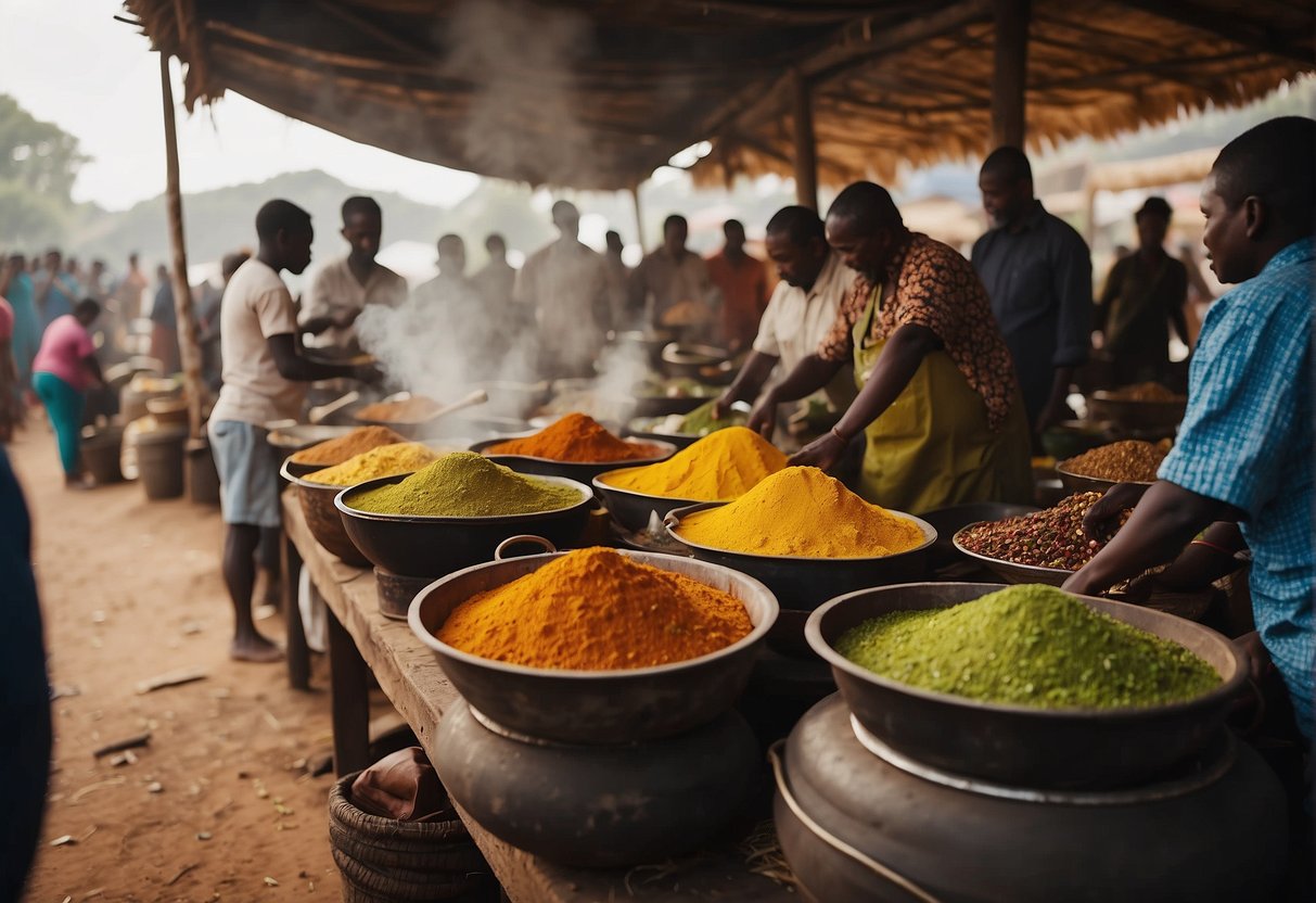 A vibrant marketplace with colorful spices, fruits, and traditional Angolan dishes being prepared over open flames. The aroma of dende oil fills the air as locals and visitors mingle, sharing stories and recipes