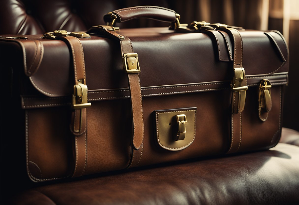 A vintage hard-sided briefcase sits on a worn leather chair. The brass clasps gleam in the soft light, and the scuffed surface tells the story of years of use