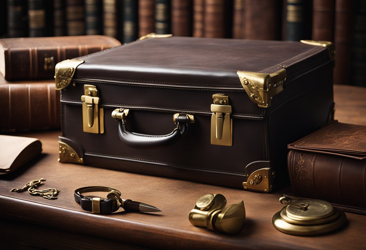 A vintage hard-sided briefcase sits on a worn leather desk, surrounded by antique books and a quill pen. The brass clasps and handle show signs of age and use
