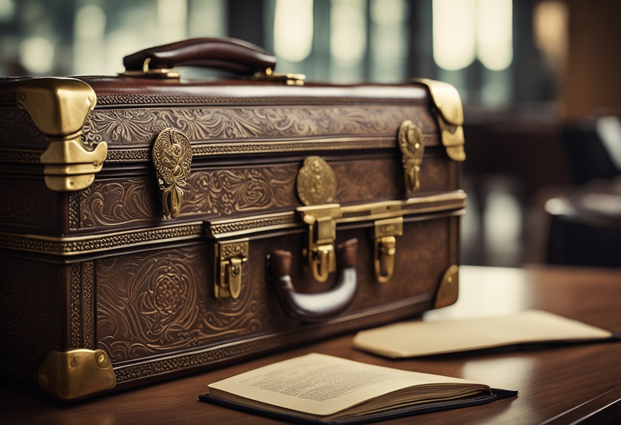 A vintage hard-sided briefcase sits on a wooden desk, adorned with intricate engravings and brass hardware, symbolizing cultural significance