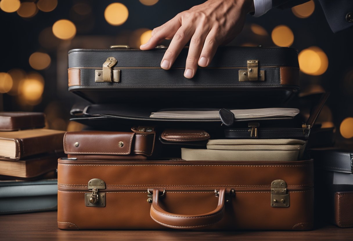 A hand reaches for a vintage hard-sided briefcase among a collection of similar items