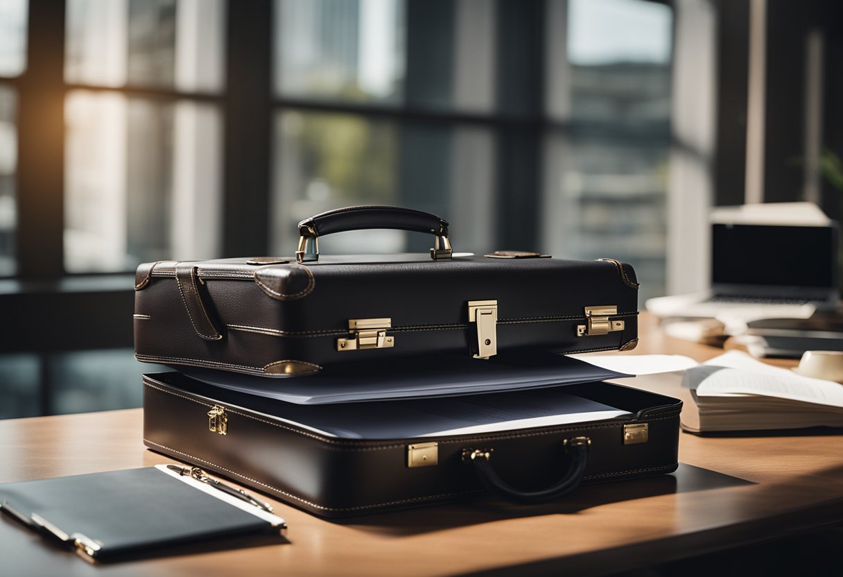 A modern vintage hard-sided briefcase sits open on a sleek desk, displaying organized papers and a laptop