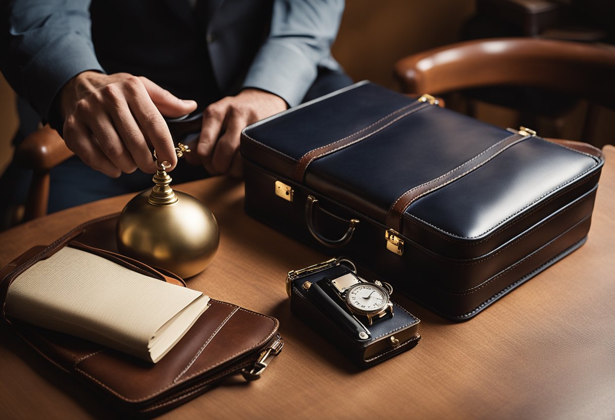 A hand reaches for a vintage hard-sided briefcase on a wooden table next to a leather wallet and a fountain pen. A vintage lamp casts a warm glow over the scene