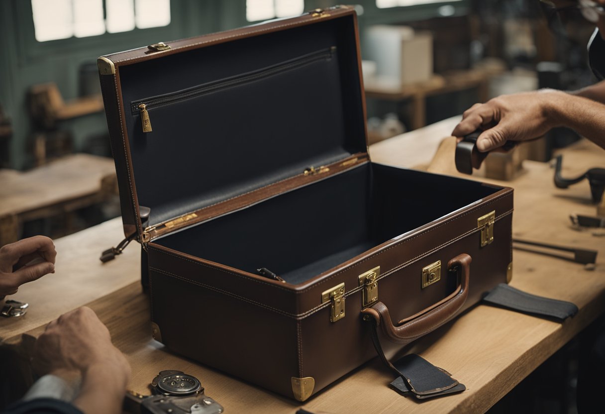 A skilled craftsman carefully restores a vintage hard-sided briefcase, customizing it with intricate details and refinishing the exterior to bring it back to its former glory