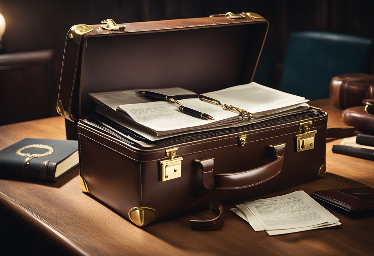 A vintage hard-sided briefcase sits open on a wooden desk, with papers and a pen spilling out. The brass latches gleam in the light