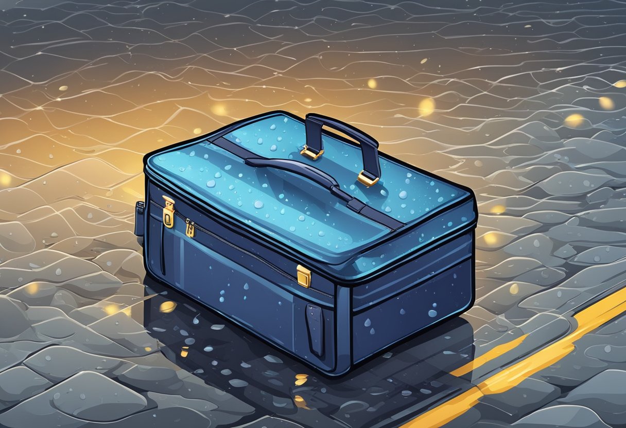 A waterproof laptop briefcase with wheels sits on the wet pavement, raindrops glistening on its sleek surface
