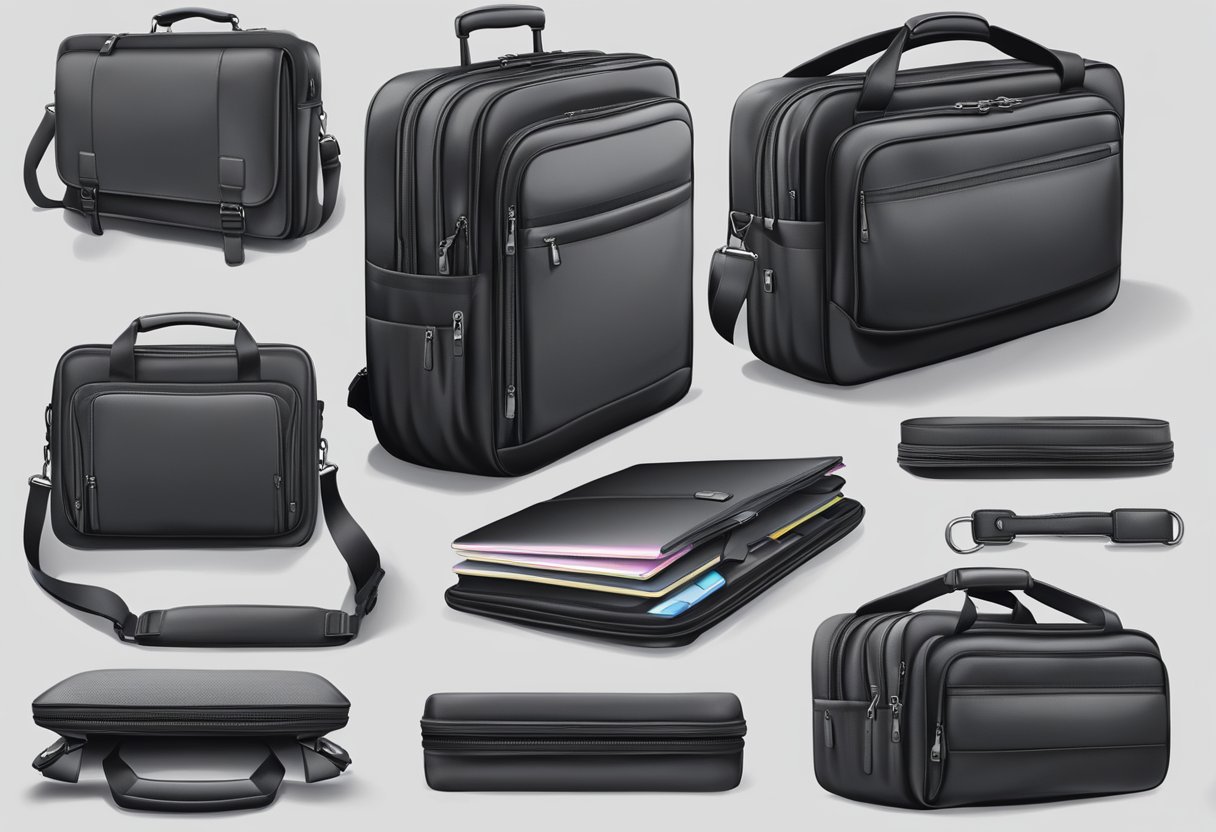 A black waterproof laptop briefcase with wheels, featuring multiple compartments, a padded laptop sleeve, and a telescoping handle