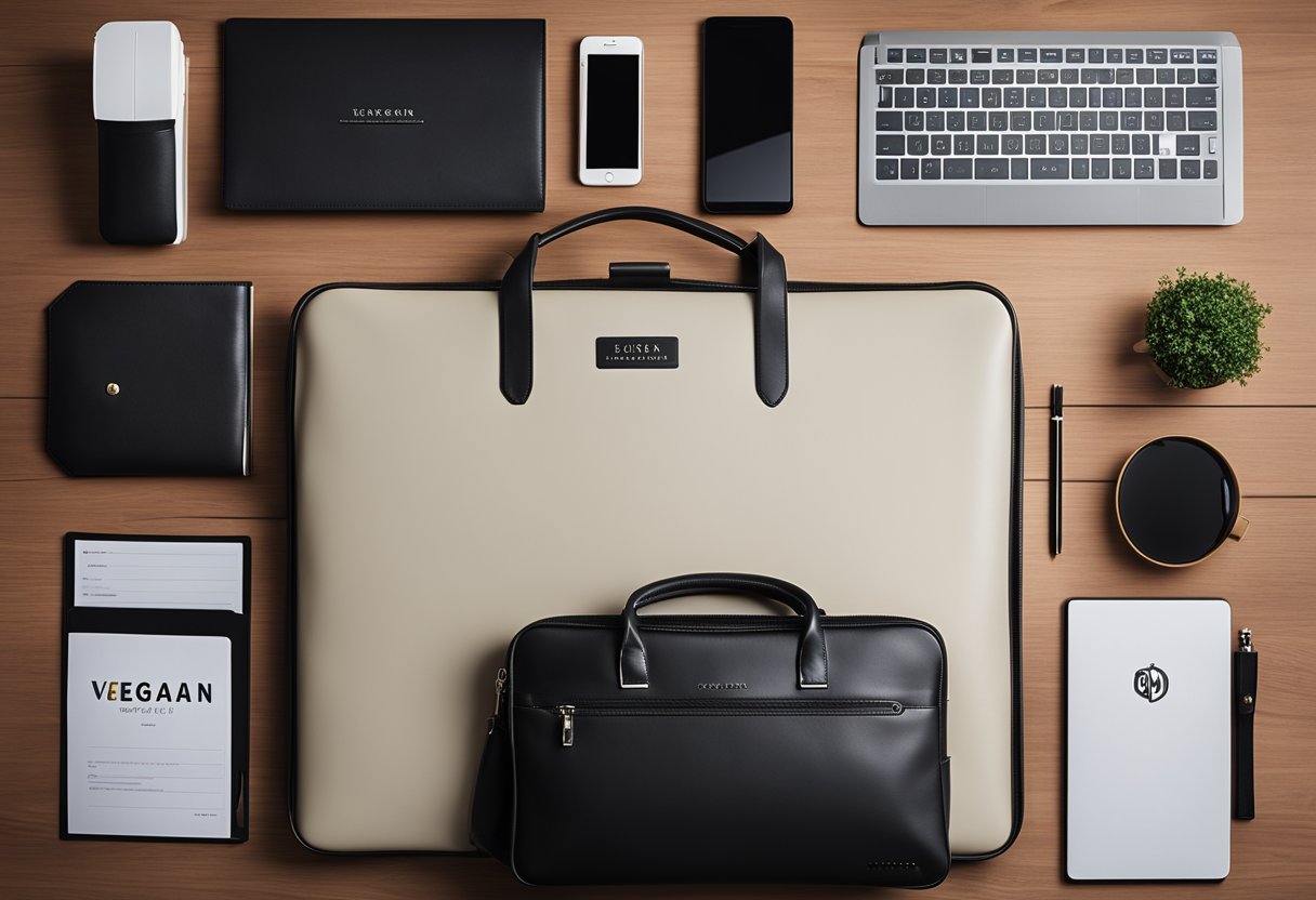 A sleek vegan faux leather briefcase sits on a modern desk, branded with various vegan leather logos