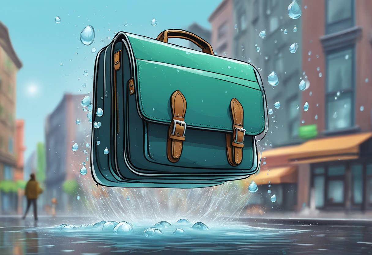 A waterproof laptop briefcase with wheels is shown being dragged through a rainy street, with water droplets bouncing off its durable material
