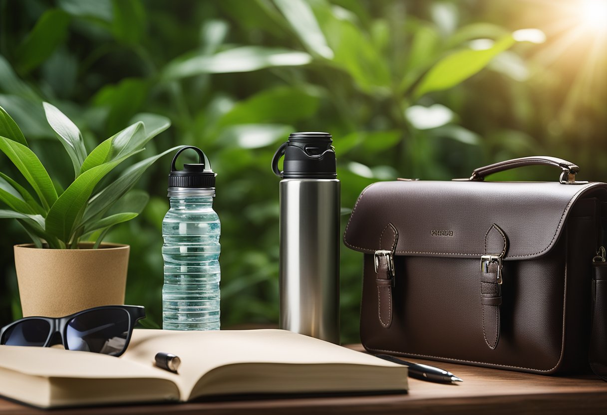 A vegan faux leather briefcase sits atop a stack of recycled paper, next to a reusable water bottle and a bamboo pen. The background features a lush green plant and a solar panel