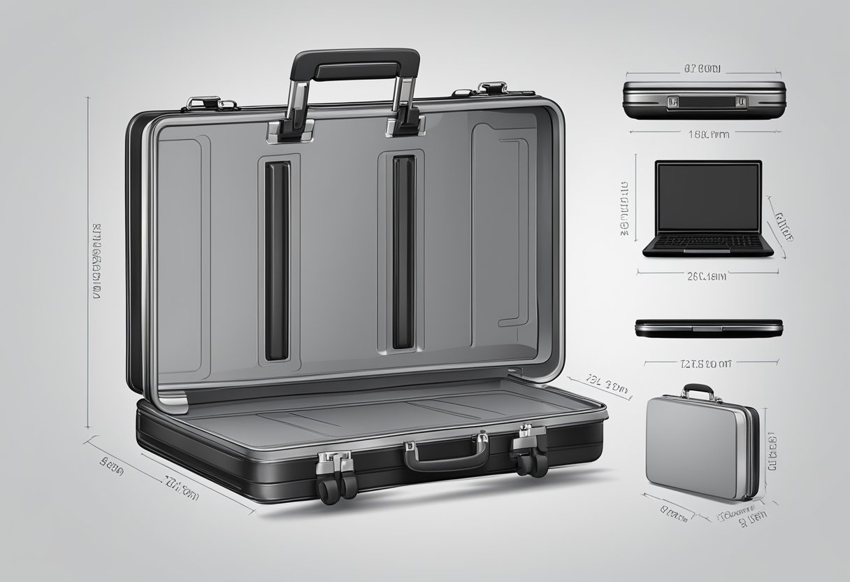 A waterproof laptop briefcase with wheels is shown with security features
