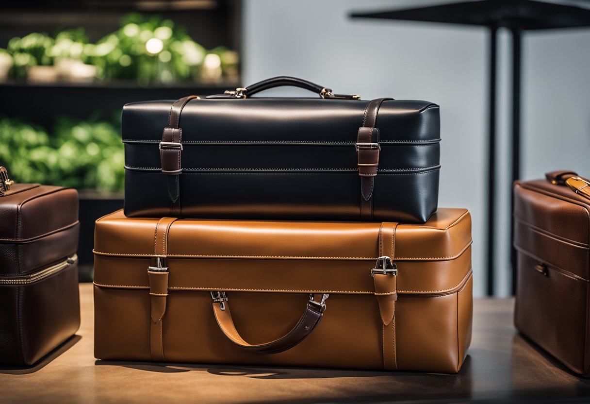 Various vegan faux leather briefcases in different styles and designs are displayed in a well-lit showroom, showcasing the brand variations
