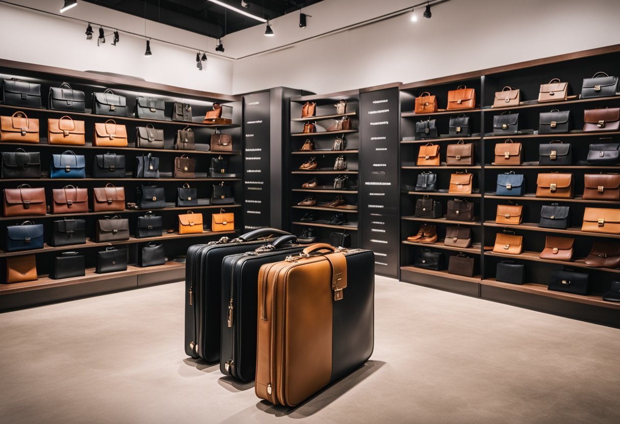 Various vegan faux leather briefcases in different styles and colors displayed on shelves with price tags. Shoppers browsing and comparing affordability
