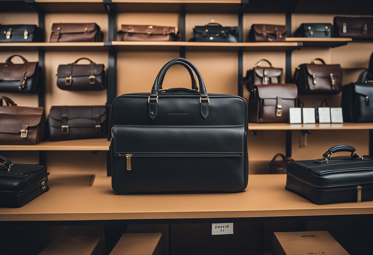 A display of vegan faux leather briefcases on shelves in a store, with price tags and signs indicating availability and where to buy