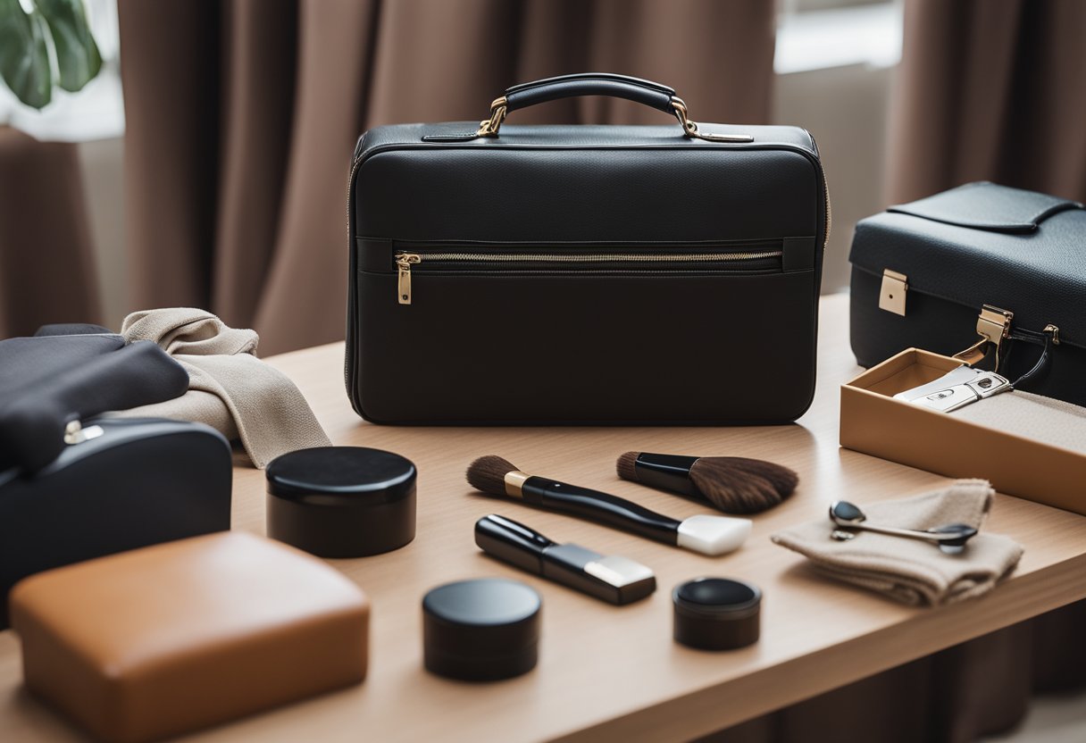 A hand reaching for a vegan faux leather briefcase, surrounded by care and maintenance items like a cloth, polish, and a brush