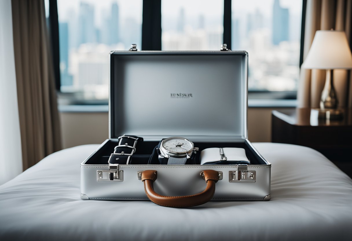 A sleek, silver aluminum briefcase sits open on a hotel room bed, packed with neatly organized travel essentials