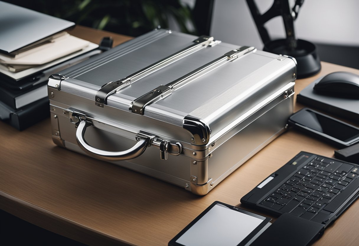 A sleek, silver aluminum briefcase sits open on a sleek, modern desk, with neatly organized compartments and a secure locking mechanism