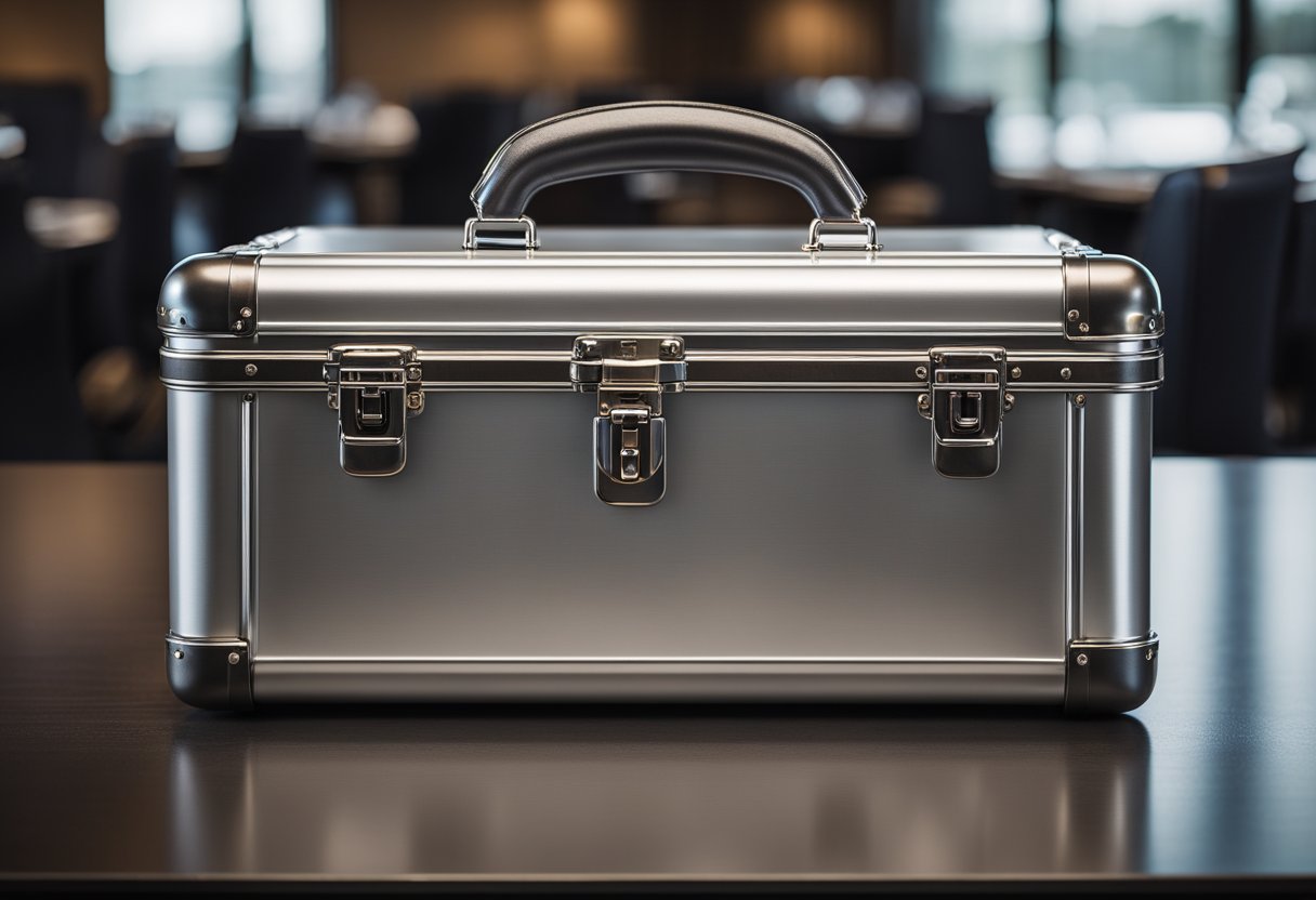 An aluminum briefcase sits open on a table, ready for travel. Its sleek design and lightweight material make it the perfect choice for business trips