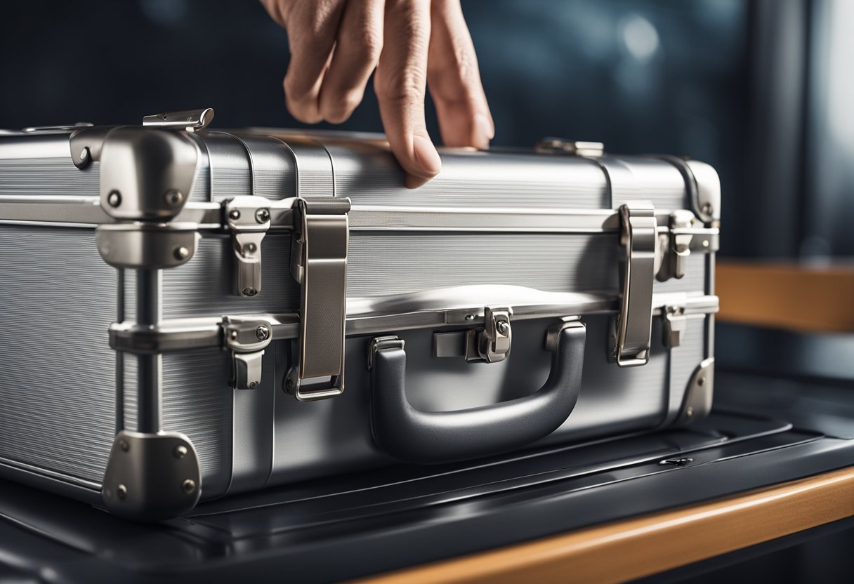 A hand reaches for a lightweight aluminum briefcase with care and maintenance instructions. The briefcase is designed for travel